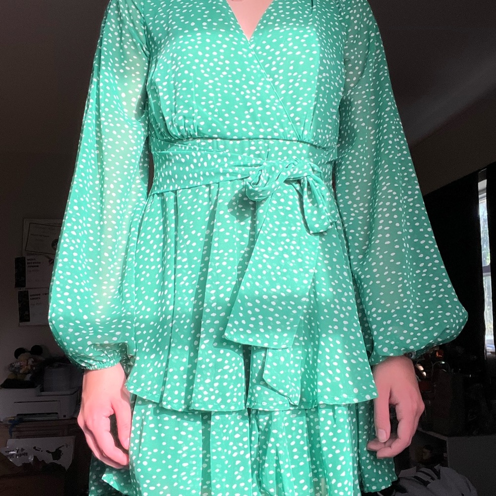 Japna Green Tiered Ruffled Long Sleeve Dress
